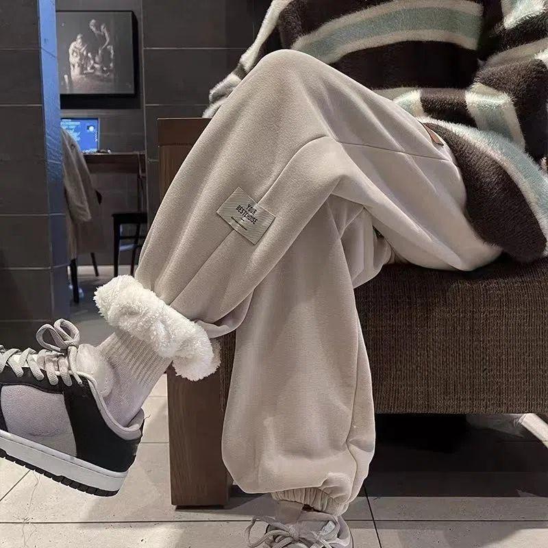 Casual Lamb Fluff High Waist Women Jogger Baggy Pantalones Winter Thicken Warm Fleece Lined Sweatpants Ankle-length Trousers