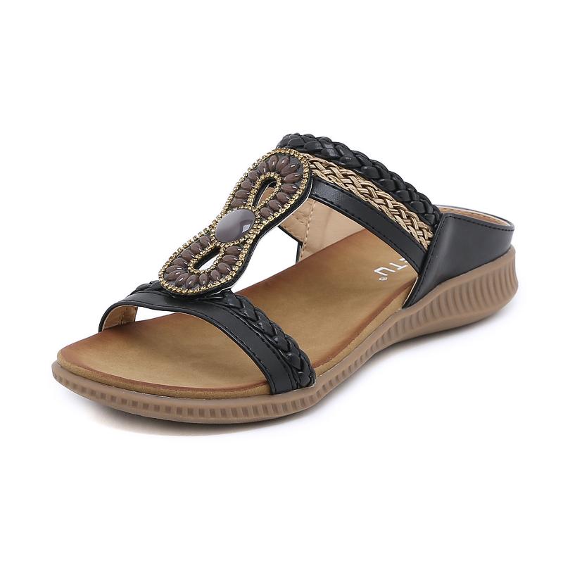 Mode Europäische und Amerikanische Sandalen Böhmische Strasssteine Bequeme Runde Zehenpartie Strandurlaub Große Größe Flache Schuhe Hausschuhe Lässig