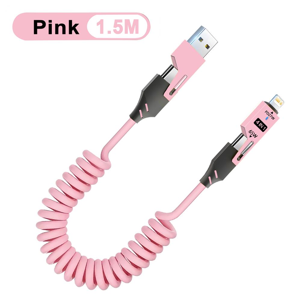 4-in-1 Coiled USB C Cable for Car [240W Fast Charging] USB C to L/Type C/USB A Cable Charger for iPhone15 14 13 12 /iPad Android