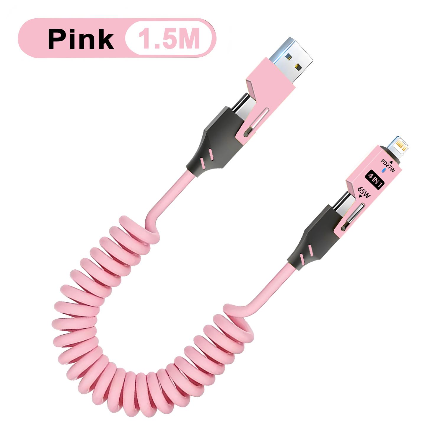 

65W 6A 4 In 1 Spring USB Cable Quick Charging Data Cord USB Type C Telescopic Charger Wire For iPhone iPad Huawei розовый