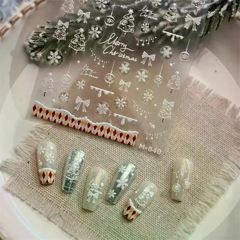 Cute Christmas Style White Christmas Tree Snowflake Nail Art Stickers Red Bow Nail Art Print Embossed Sticker Festive Nail Decor