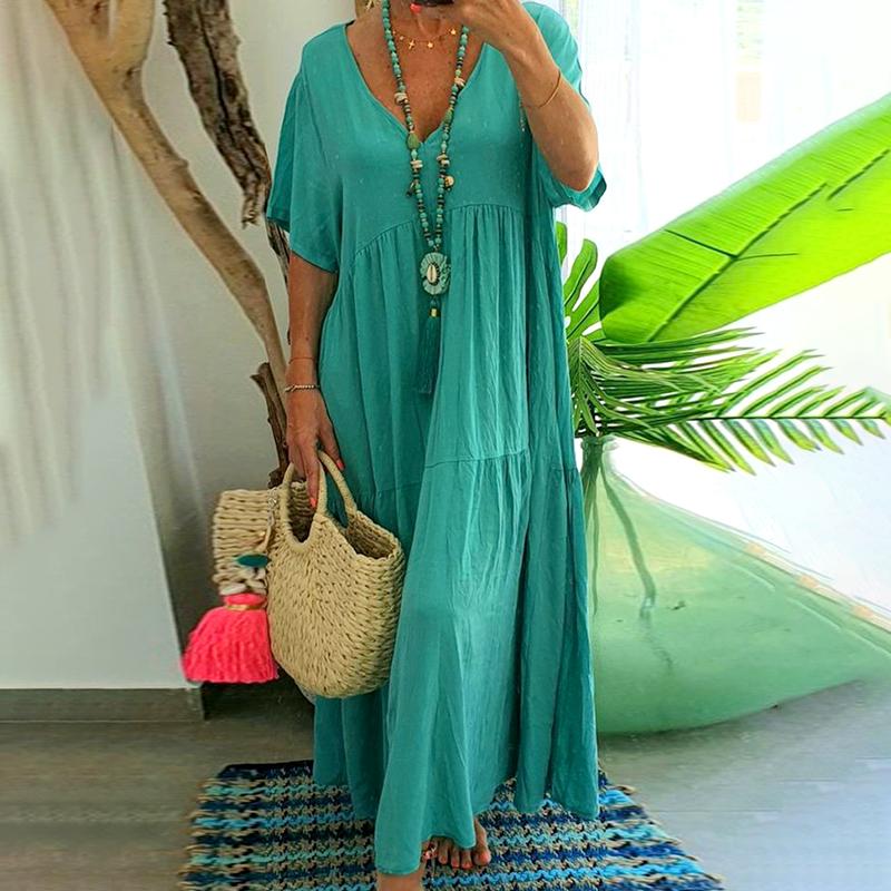 1 Stück Baumwolle Lässig Schlichter Stil Langes Kleid Weit V-Ausschnitt Damen Einfarbig