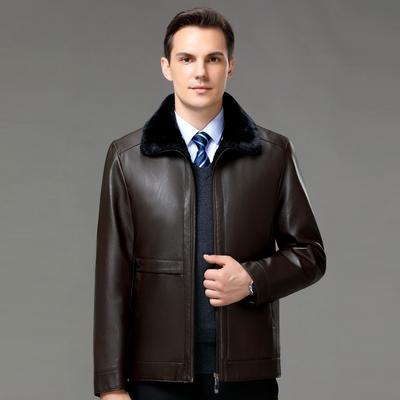 Genuine Leather Jacket Men's Sheepskin Lapel New Style Velvet Thickened Middle-aged and Elderly Men's Leather Jacket