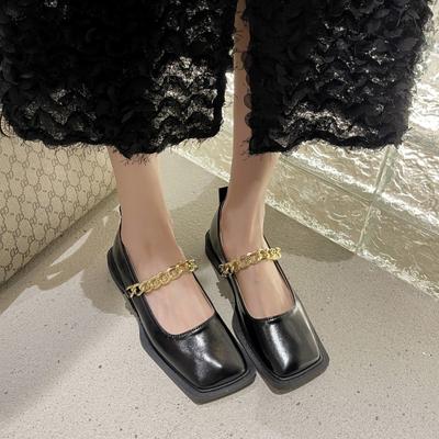 Zapatos de Cuero Verde Oscuro Nuevos 2025 Mujer Cadenas Metálicas Banda Oxford Flats Femeninos Puntera Cuadrada Mules Mocasines Slip on Tacones de Plataforma