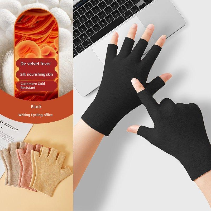

Heattech Gloves Half Finger Female Heating Wool Silk Touch Screen Fall and Winter Cycling Open Finger Student Male Writing Office Typing [Five Fingers] Black All yards
