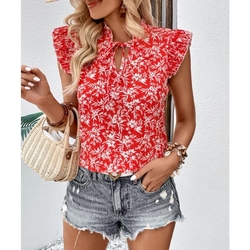 Women Sweet Stand Collar Ruffled Sleeve Flower Print Slim Fit Short Sleeve Shirt