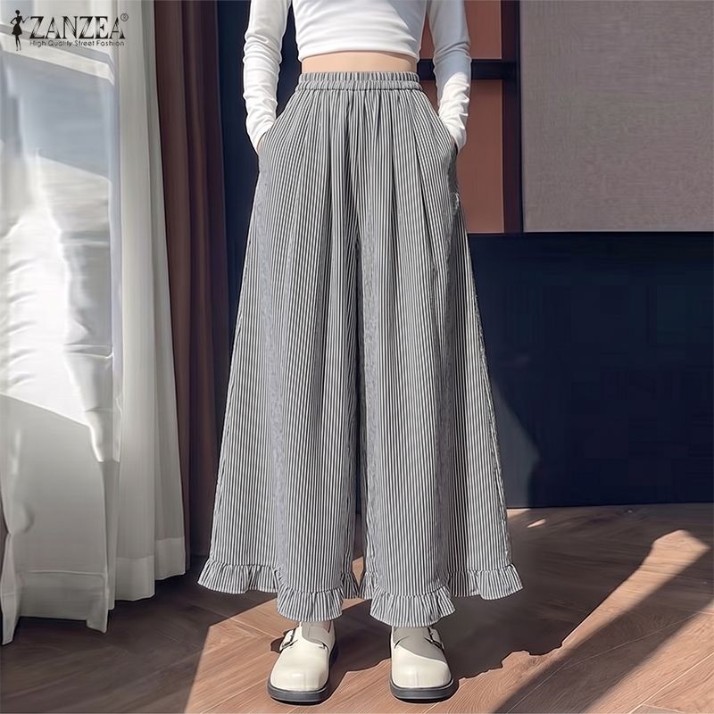 ZANZEA Women Casual Elastic Waist Loose Stripe Print Wide Leg Pants