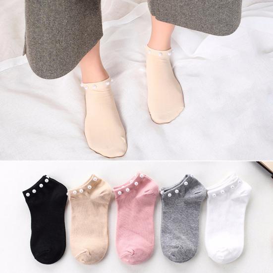 Women's Solid Color Faux Pearl Beading Breathable Cotton Low Cut Ankle Socks