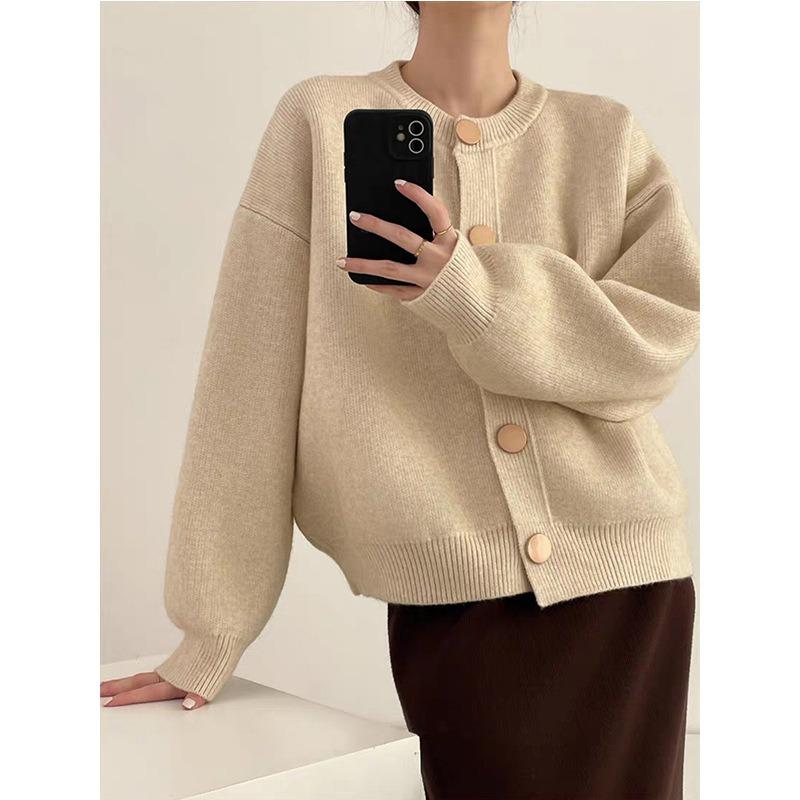 Round Neck Solid Color Loose Knit Cardigan Women's Autumn Winter New Casual Simple Soft Lazy Style Gentle Sweater Coat