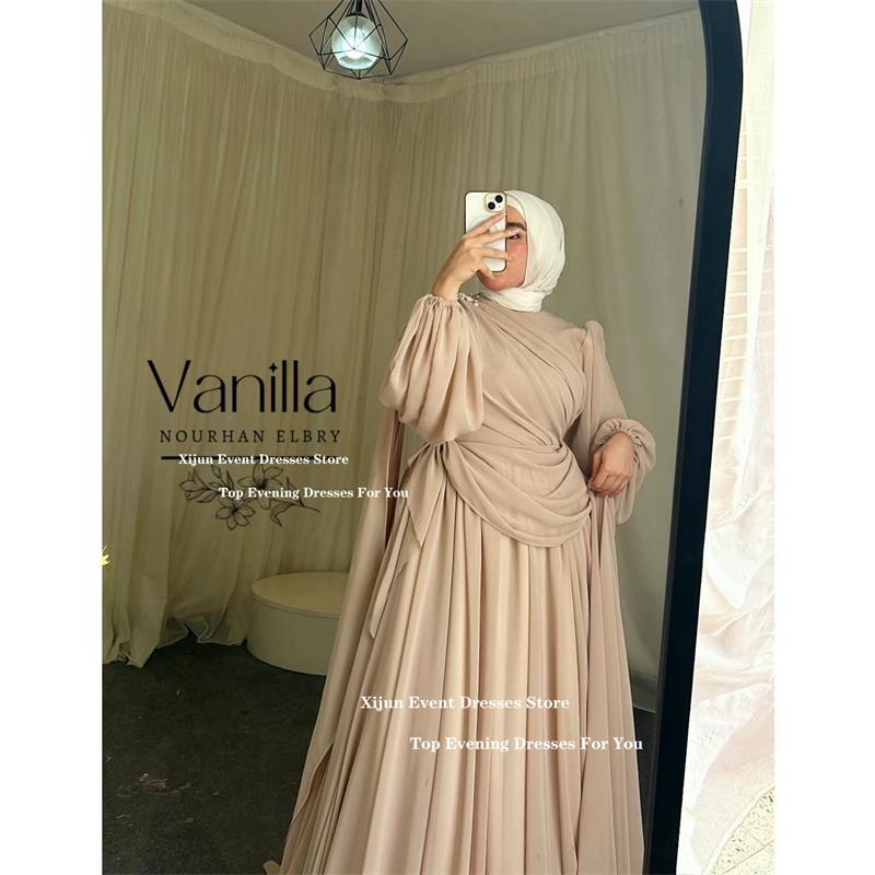 Xijun Elegant Chiffon Long Evening Dresses O-Neck Full Sleeves Prom Dress A-Line Modest Dubai Prom Gown Floor Length Customized
