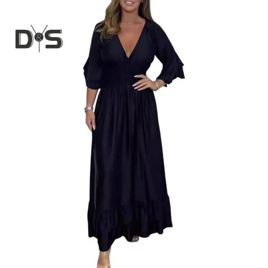 

Женское вечернее платье с V-образным вырезом, тонкой талией, манжетами-оборками, атласным плиссированным многослойным подолом, платье-макси А-силуэта с длинными рукавами, свадебное банкетное платье XL чёрный