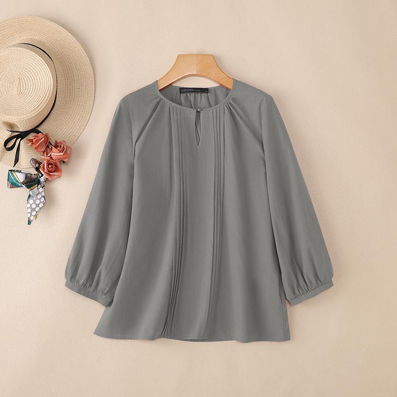 ZANZEA Women Casual Round Neck 3/4 Sleeve Loose Cotton Blouse