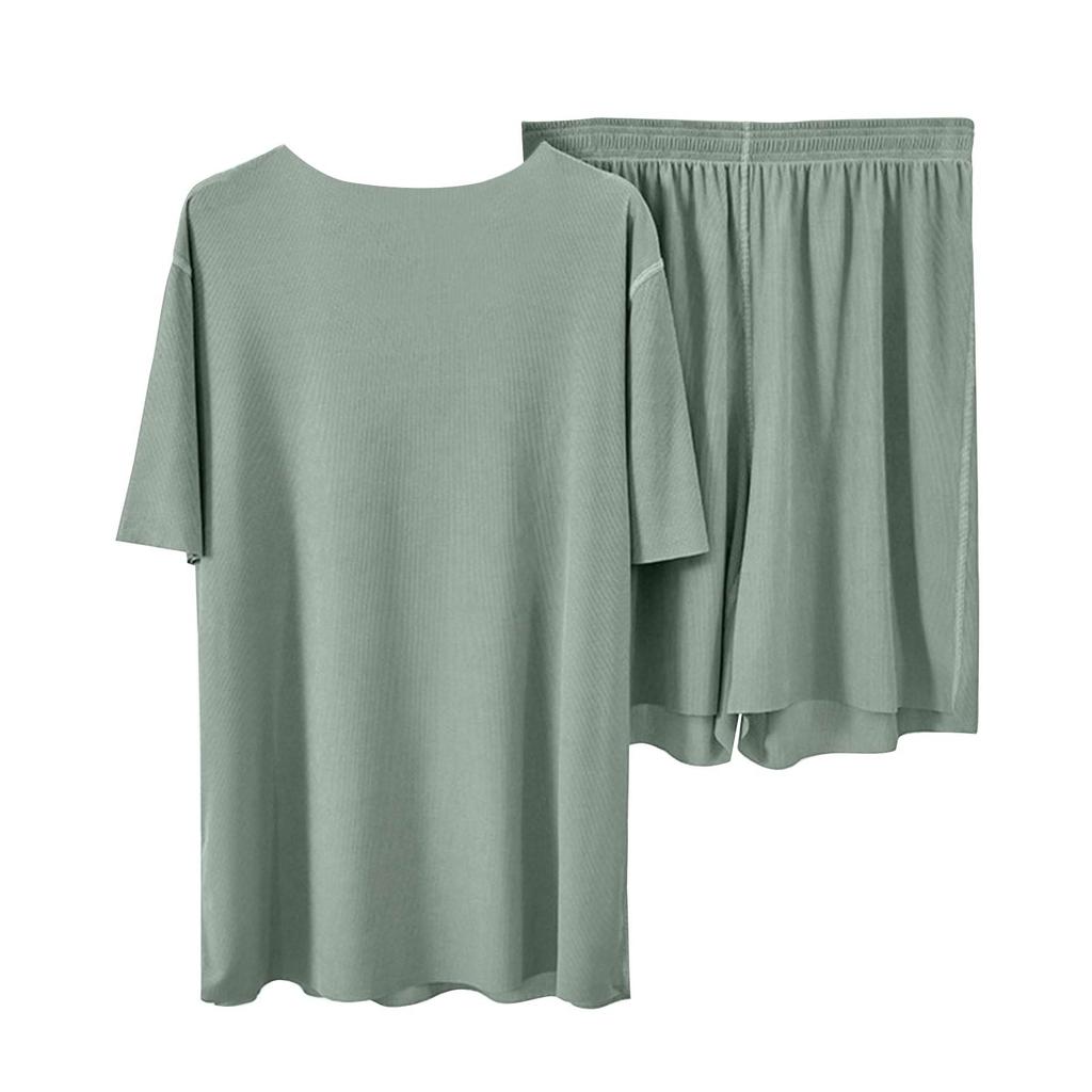 Damen Freizeit Pyjama Set Einfarbig Kurzarm Shorts Hose Zweiteilig