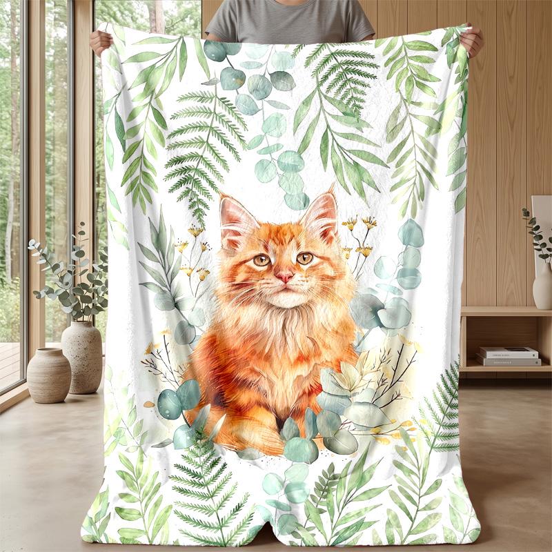 Orange Cat Family Theme Blanket Lightweight Warm Flannel Blanket Decorative Throw Blanket for Home Decoration