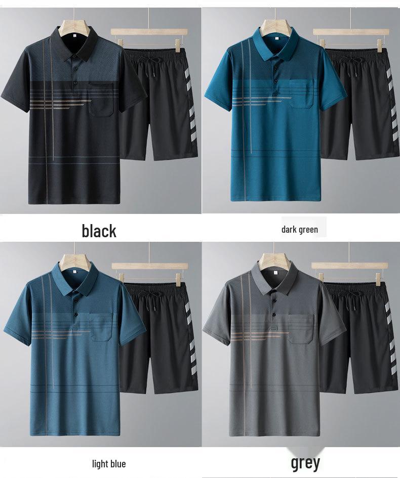 Men's Summer Ice Silk Casual Two-Piece Set: Short-Sleeved Shirt and Loose Shorts for Middle-Aged and Elderly
