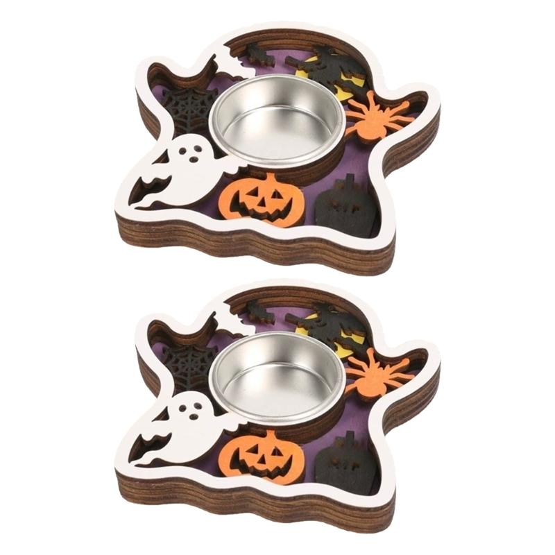 

2Pcs Natural Wood Candle Holders Halloween Various Decoration Festival Tabletop Display Safe and Stable Base