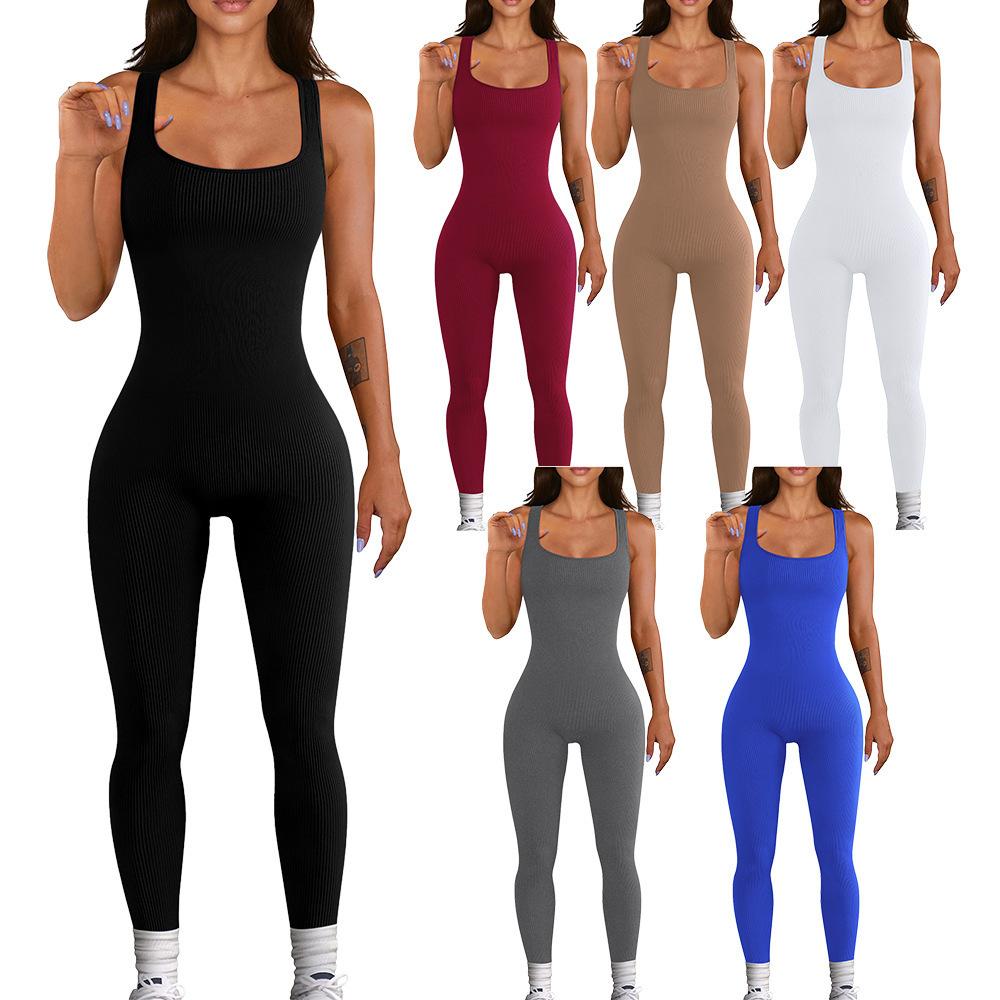 Women's Square Neck Sleeveless Ribbed Bodysuit Slim Fit Mid Rise Casual Athleisure Jumpsuit
