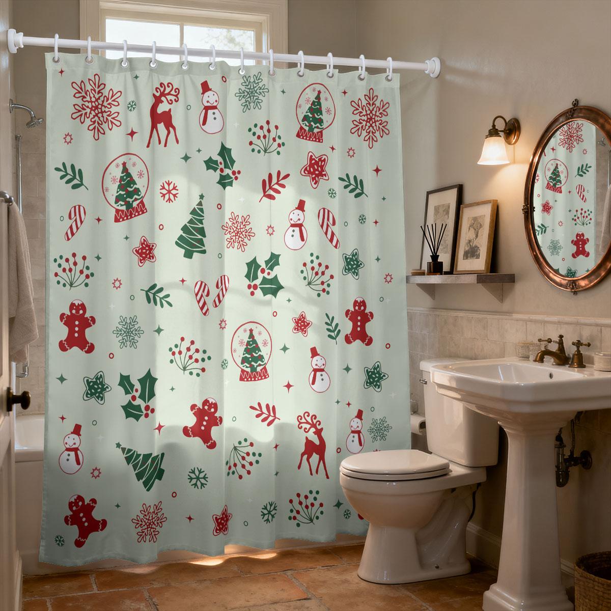 1pc Merry Christmas Element Print Waterproof Shower Curtain Partition Privacy Hanging Curtain 12 Hooks Multiple Sizes 90x180cm