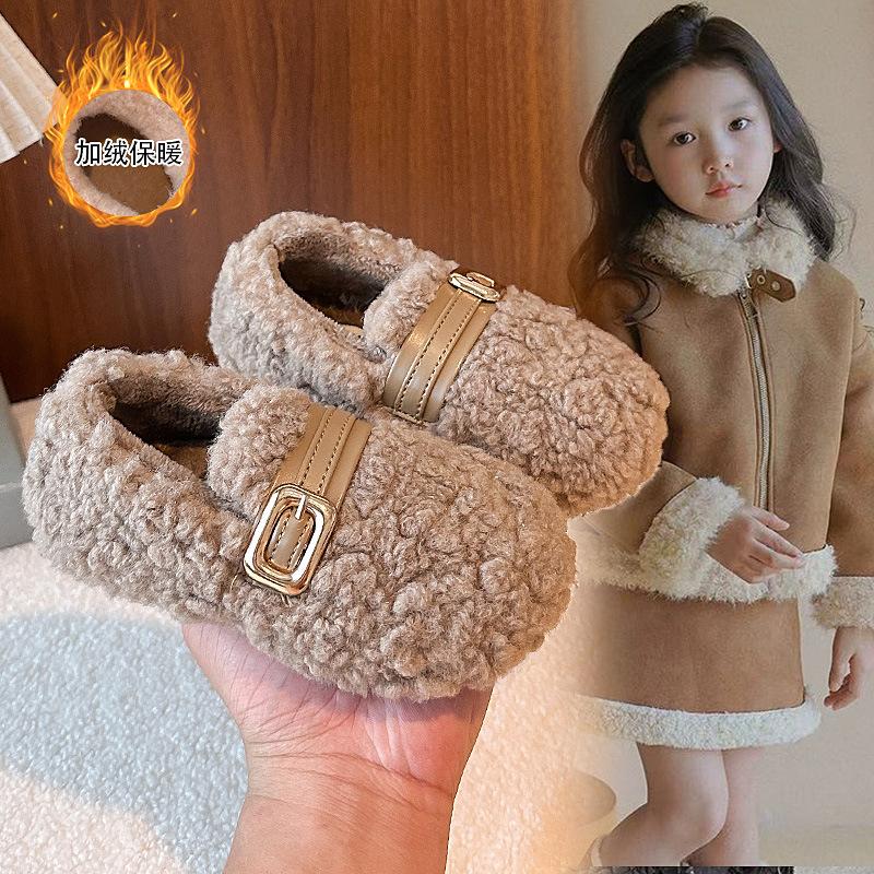 Children's woolen curly girls' cotton shoes, new autumn and winter soft-soled outdoor shoes for small, medium, and large children, warm shoes