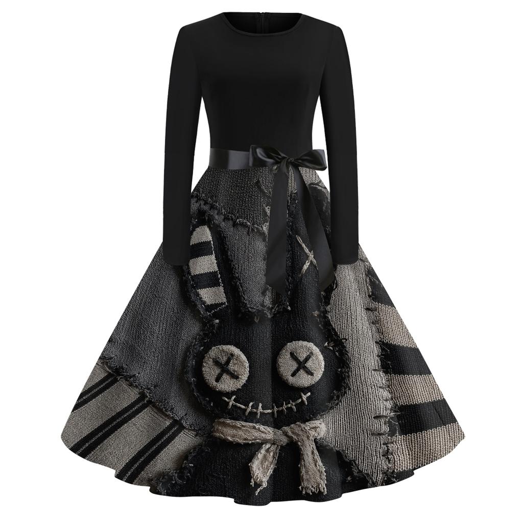 Damen Vintage Rundhals Langarmkleid mit Halloween-Print für Freizeit und Alltag