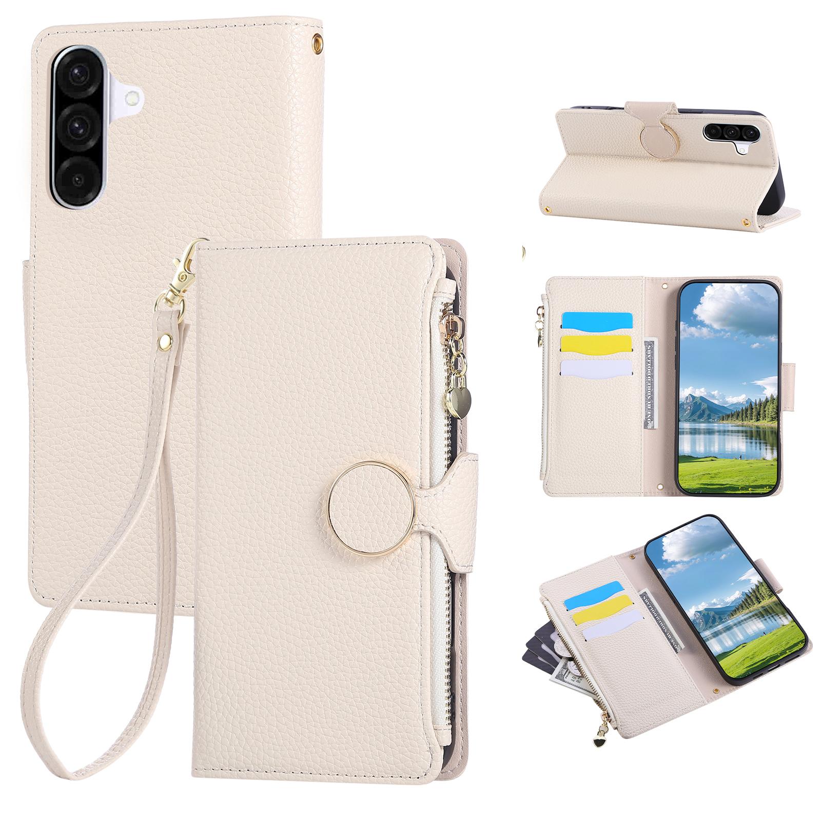 

For Samsung Galaxy A25 5G (Global) (161.0mm) Case Zipper Wallet Leather Phone Cover with Wrist Strap Beige