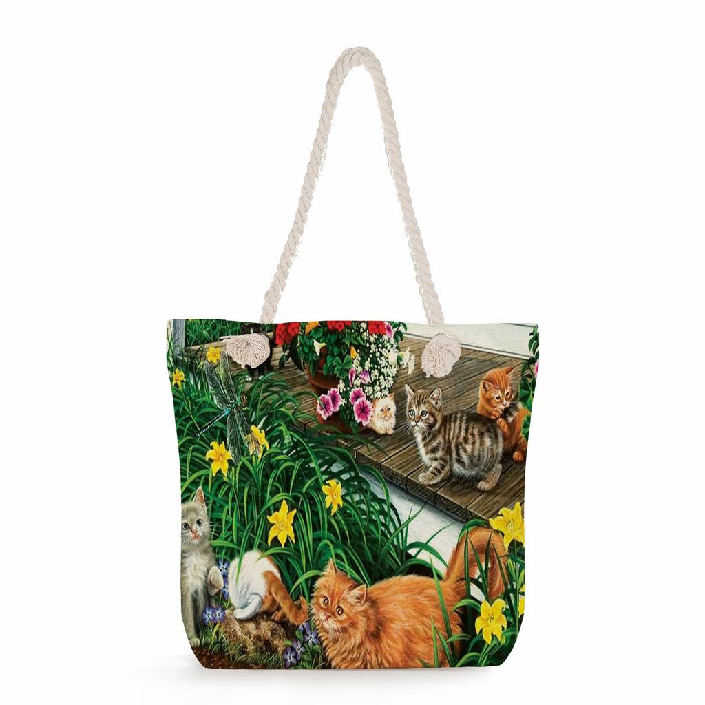Cat print thick rope single-shoulder beach bag 7228