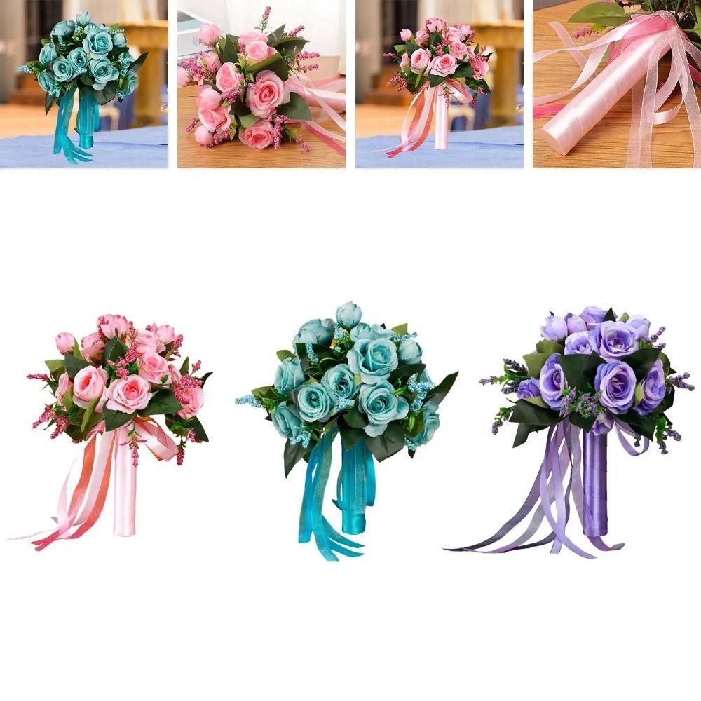 With Silk Ribbon Bridal Holding Flowers Creative Wedding Rose Bouquet Ceremony