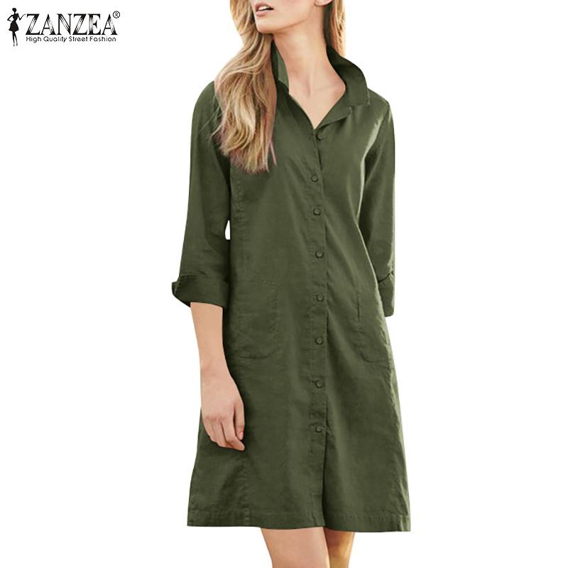 

ZANZEA Women Casual Turn Down Collar Solid Loose Summer Dress