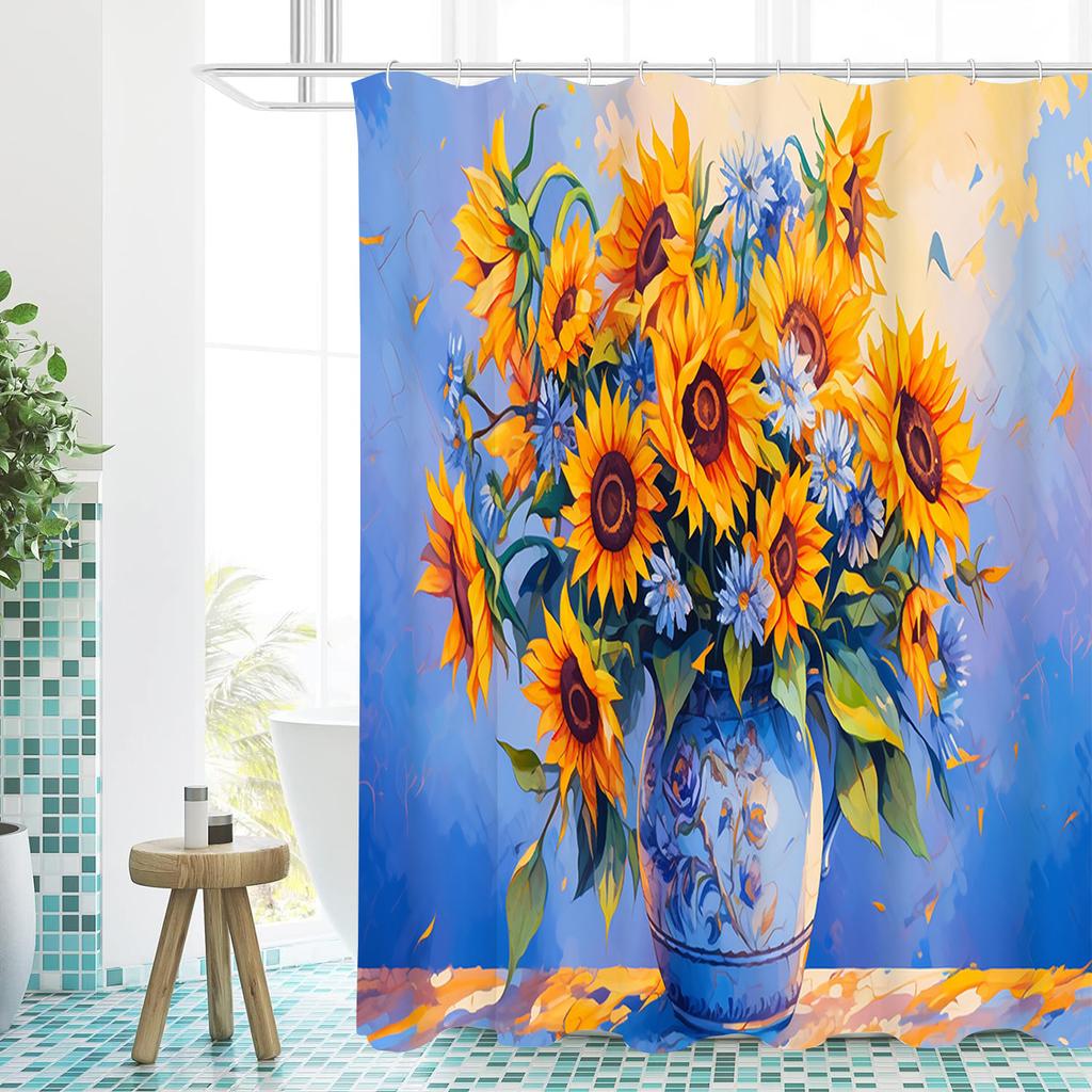 Sunflower Pattern Shower Curtain, Bathroom Shower Waterproof Curtain with 12 Hooks, Fish Shaped Home Decoration, Free Delivery