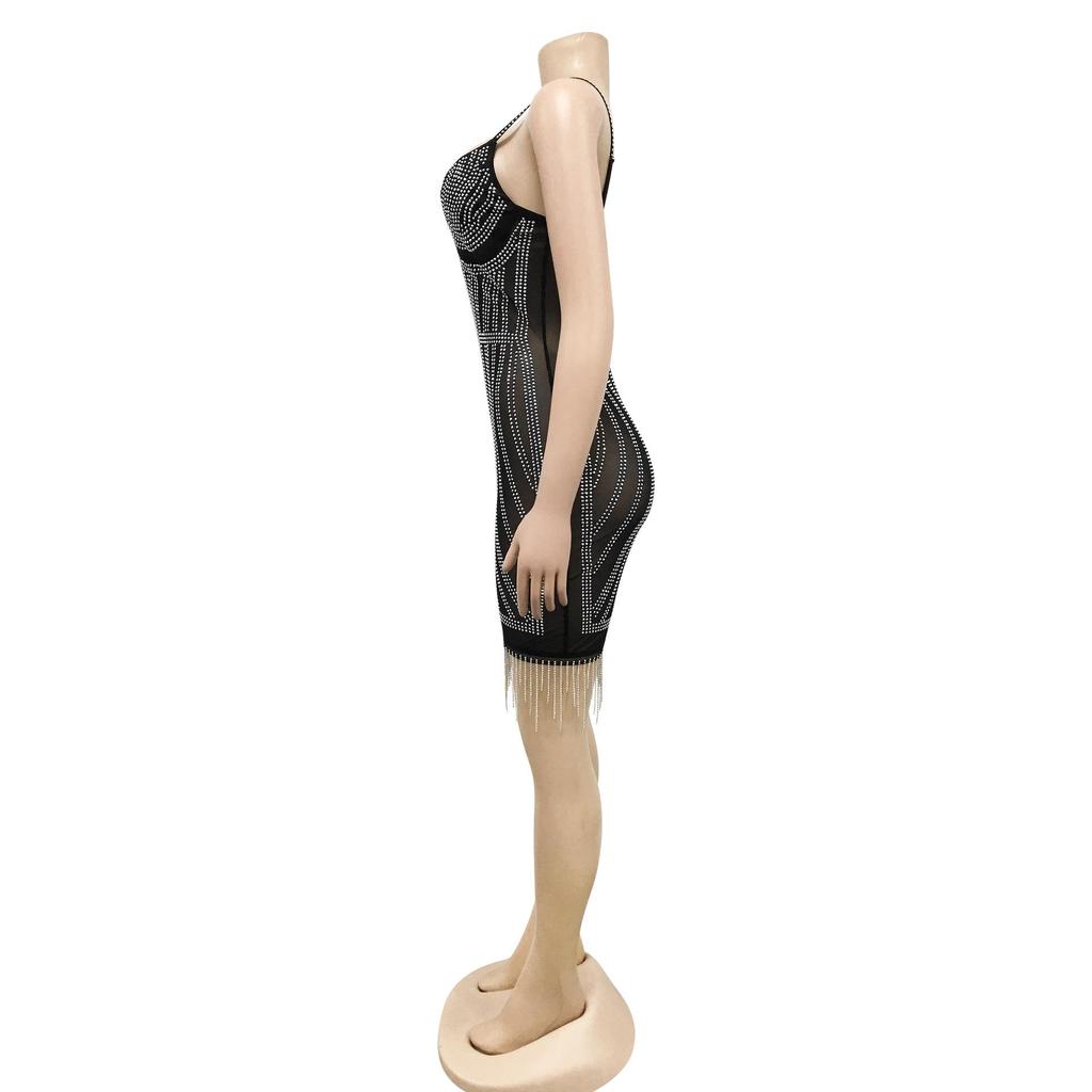 X5633 Strass-Spaghettiträger Fransen Bandagekleid - Sexy Ärmelloses Minikleid