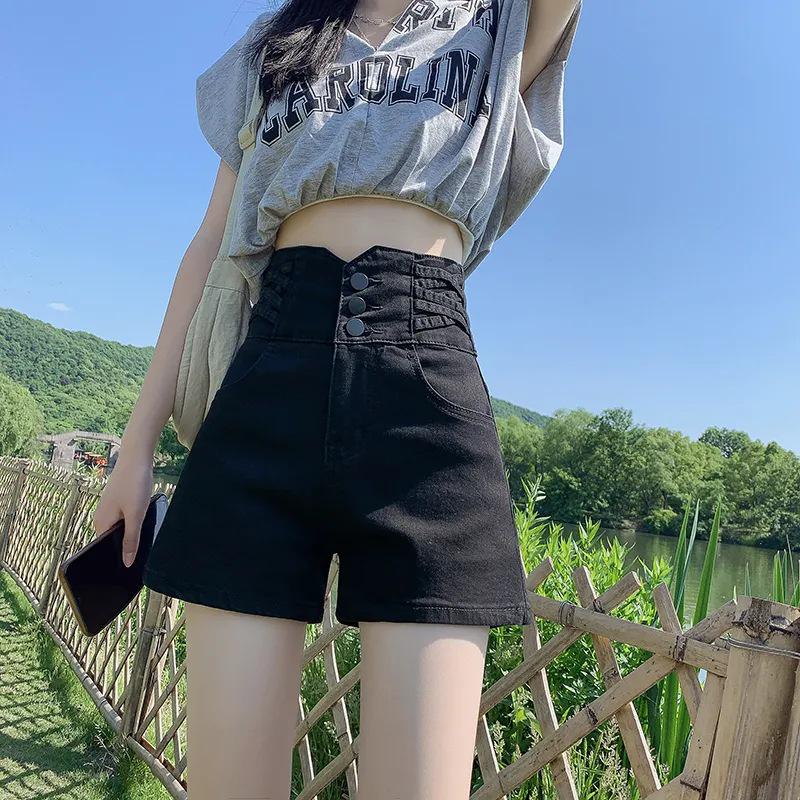 Koreański Styl Wysoki Stan Czarne Jeansowe Szorty A-Line Damskie - Letnie Wyszczuplające Elastyczne Hot Pants