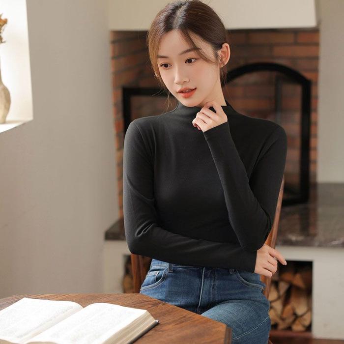Women's Ribbed German Velvet Warm T-Shirt - Semi-High Neck, Solid Color, Autumn/Winter 2025 Collection