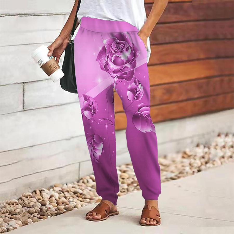 Women Flower Printing Pants Lace Up Elastic Waist Loose  Trousers Casual Long Pants Trousers with Pockets