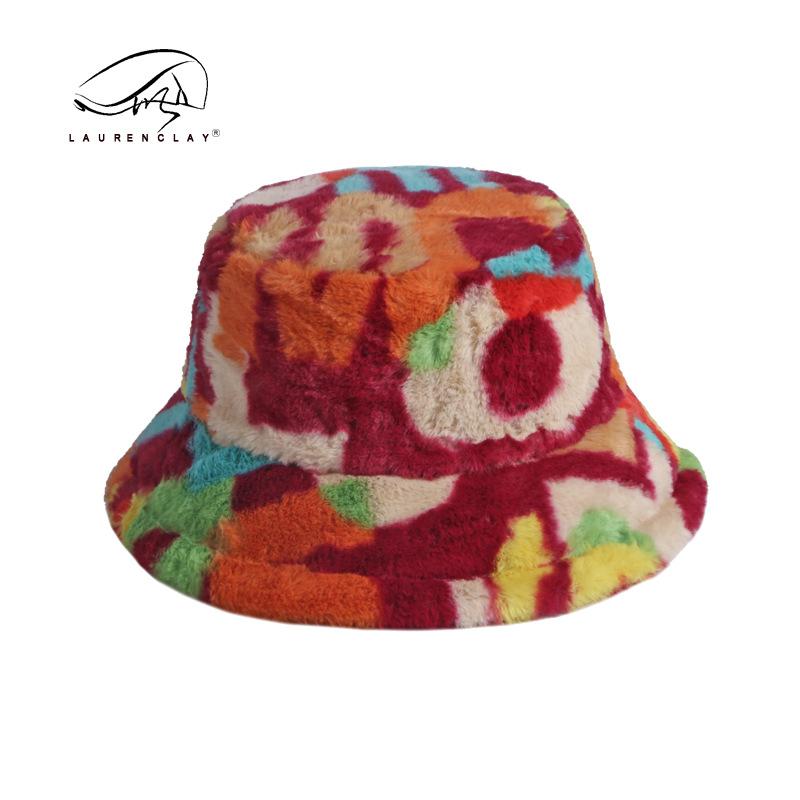 Hat Women's Autumn and Winter New Digital Printing Bucket Hat Women's Imitation Rabbit Fur Versatile Thermal Basin Hat
