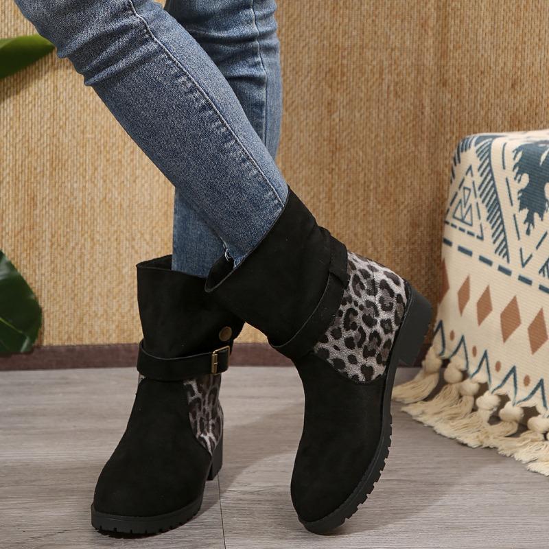 Women's Thick Heel Round Head Suede Sleeve Metal Buckle Non-slip Wear-resistant Short Boots