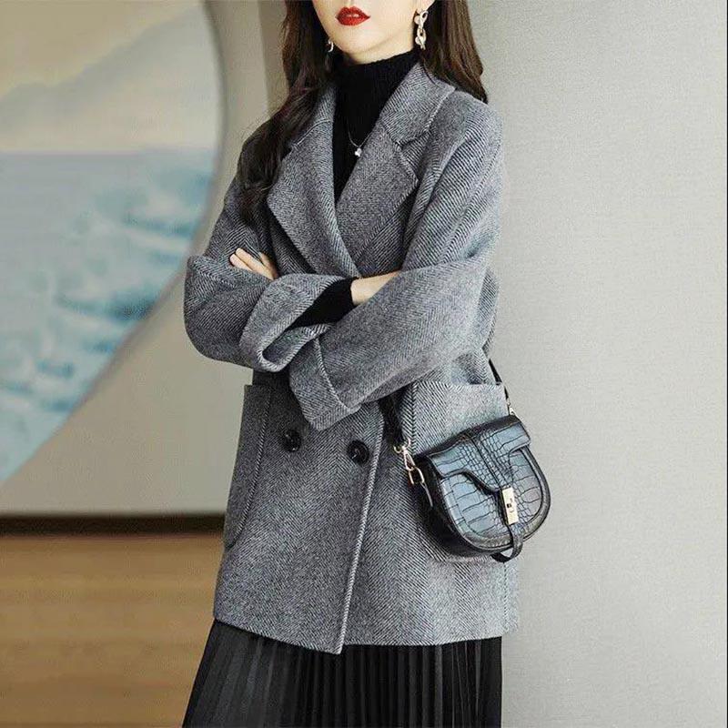 

Шерстяное пальто женское осеннее и зимнее двустороннее шерстяное утолщенное тонкое пальто средней длины XXXXL серый
