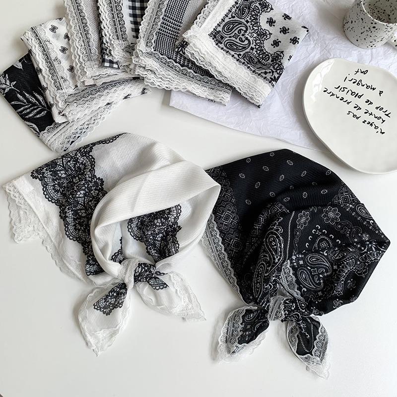 Silk Scarf Neck Small Square Scarf Lace Striped Cashew Nut Silk Scarf Spring and Summer Light Headscarf Headband Decorative Scarf