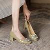 8-Mary Jane shoes women's head patent leather medium heel rhinestone square buckle shoes women's shallow thick heel single shoes autumn