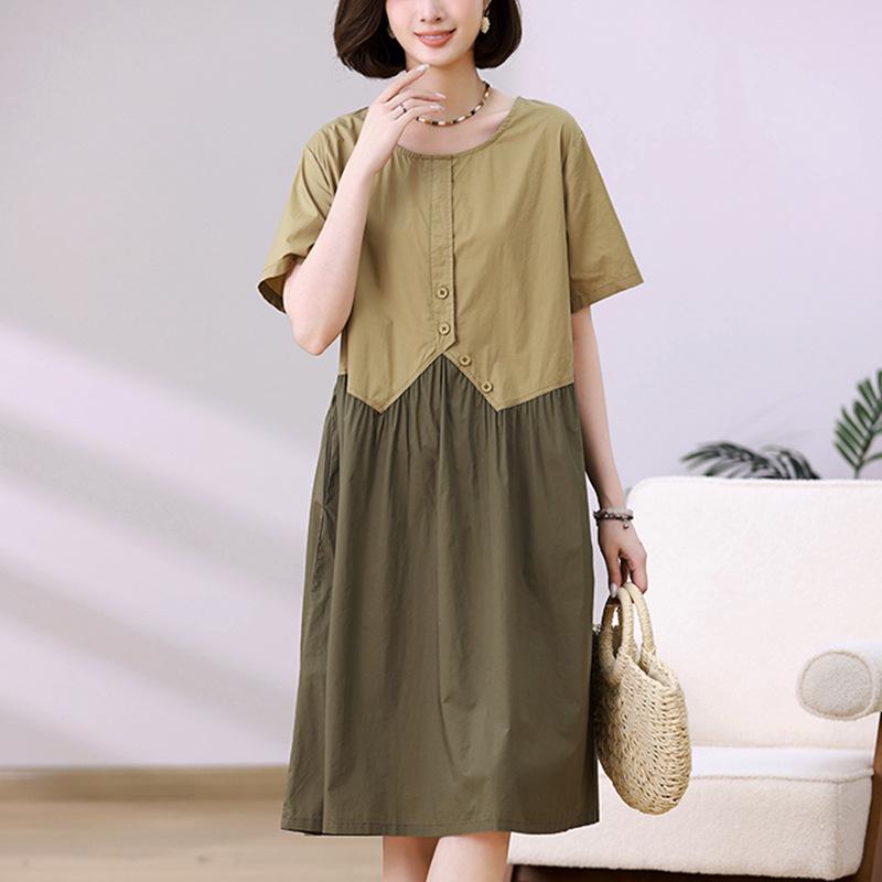 

Mom s Summer 2025 Color Block Two-Piece Look Cotton Loose Mid-Length Dress L