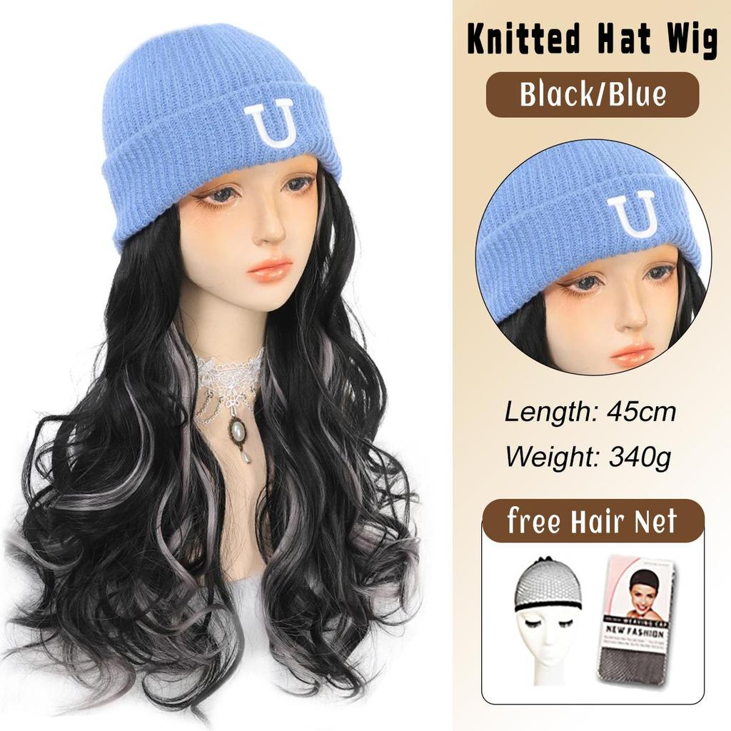 Synthetische Hutperücke für Frauen, langes gewelltes Haar, warm, weich, gestrickt, Herbst- und Wintermütze, hitzebeständig