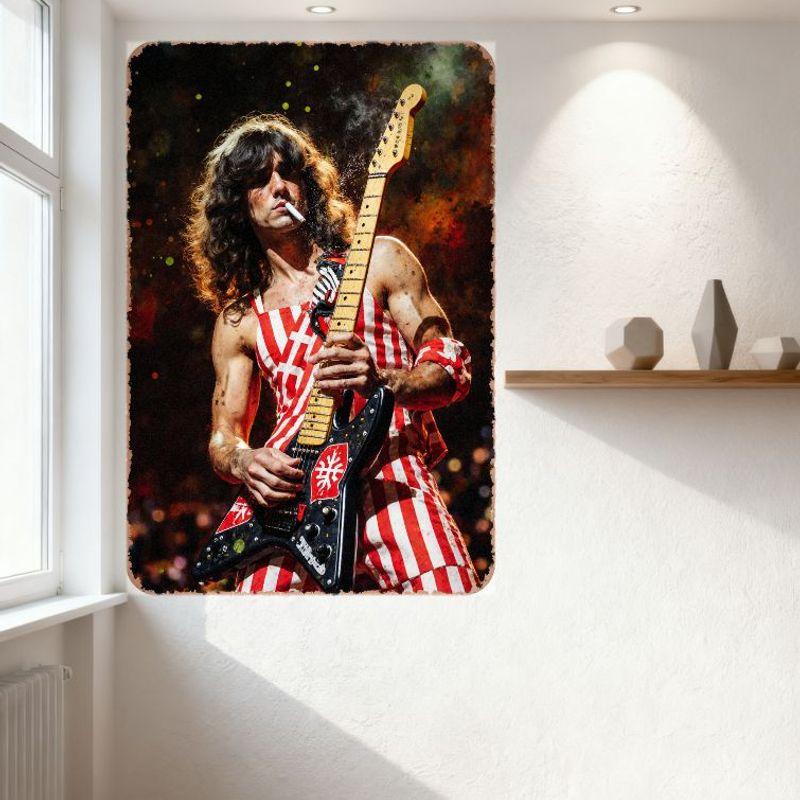 Muscular Man with Long Brown Hair Playing Black Electric Guitar Red Star Logos Vintage Tin Sign for Concert Man Cave Bar Home De