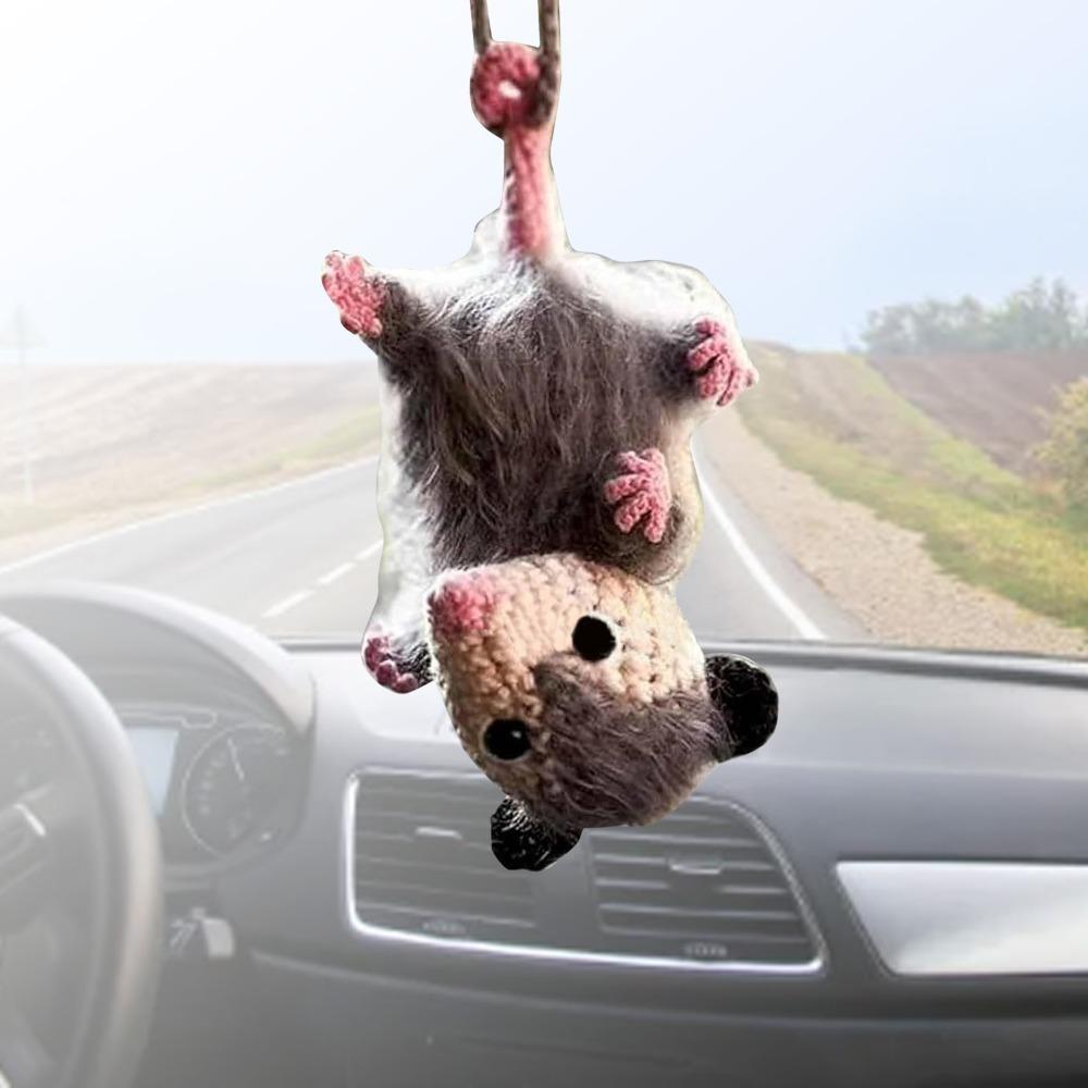 Crochet Rearview Mirror Accessory Handmade Knitted Screaming Possum Ornament  For Car Interior