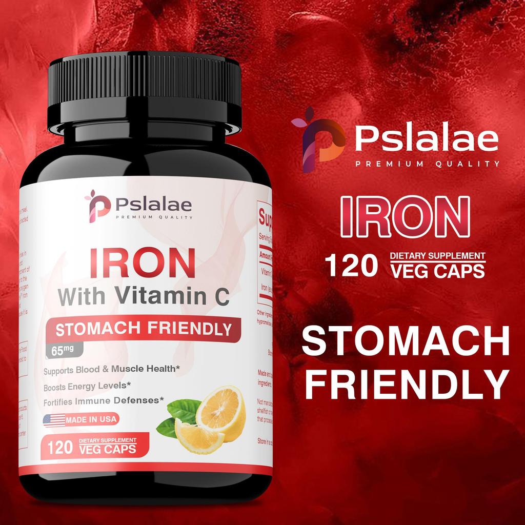 Pslalae Iron Capsules with Vitamin C for Supports Blood Health Boosts Energy Level Fortifies Immune Defenses for Women & Men