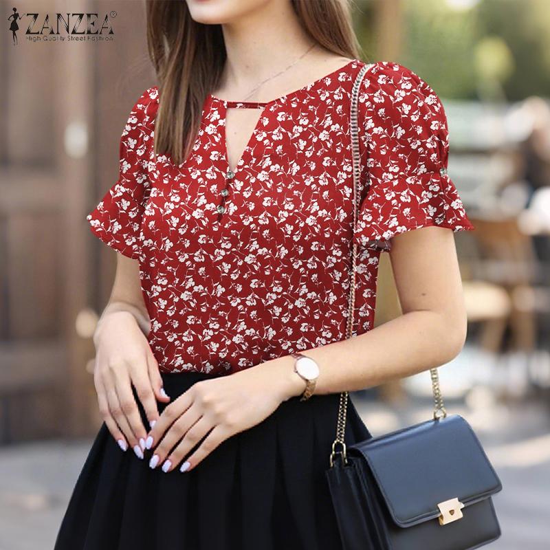 

ZANZEA Women Casual Round Neck Short Sleeve Summer Floral Print Blouse 2XL помаранчевий