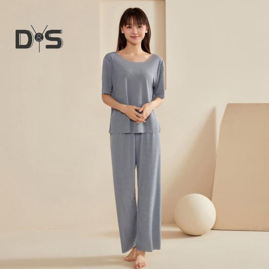 Women's Ice Silk Pajamas Set Short Sleeved Top Wide Leg Pants Sleepwear Set Summer Ultra Thin Two Piece Lounge Nightwear