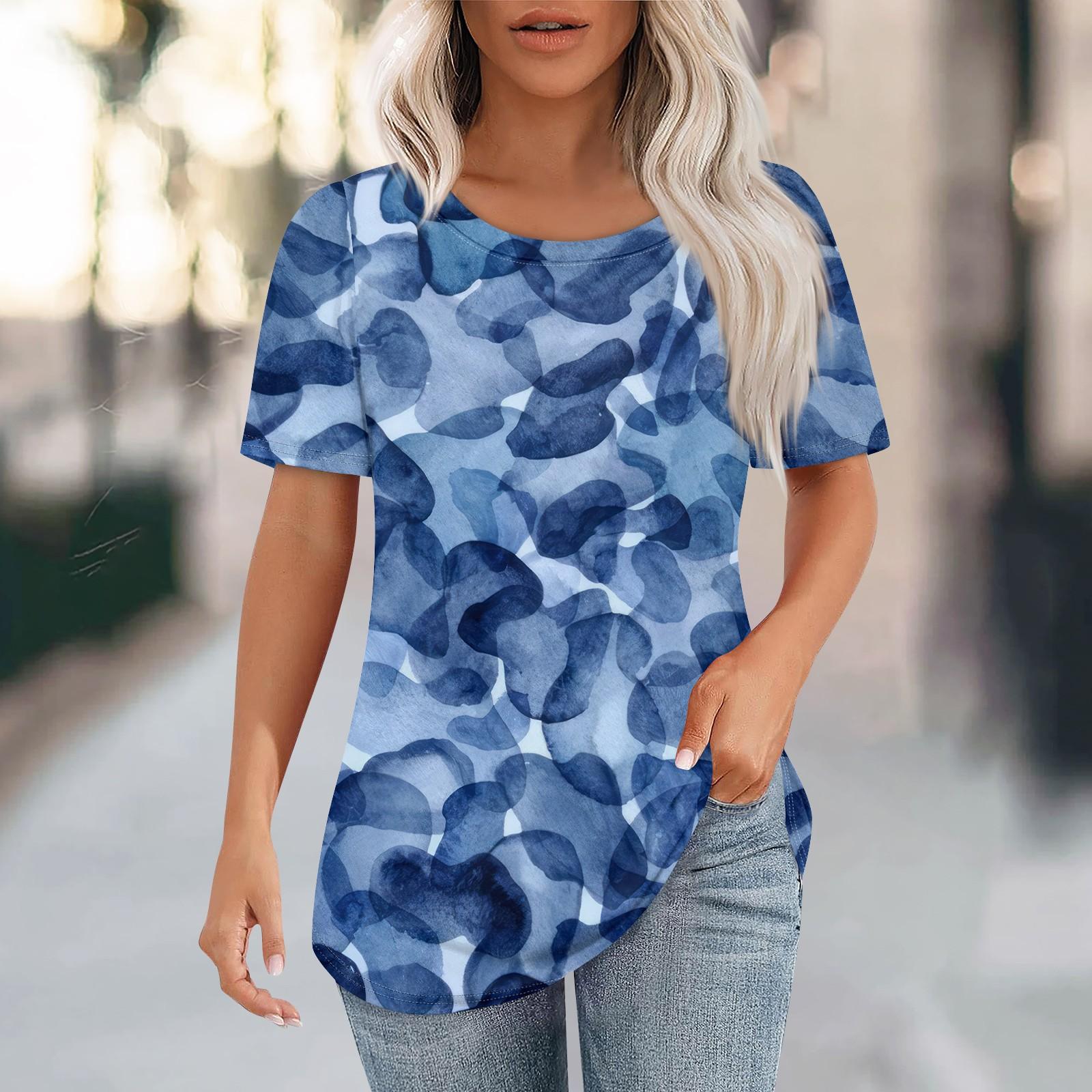 

Футболки для женщин, плиссированные, с круглым вырезом, нарядные, повседневные, блузки с принтом, с коротким рукавом, летние топы, свободный крой M