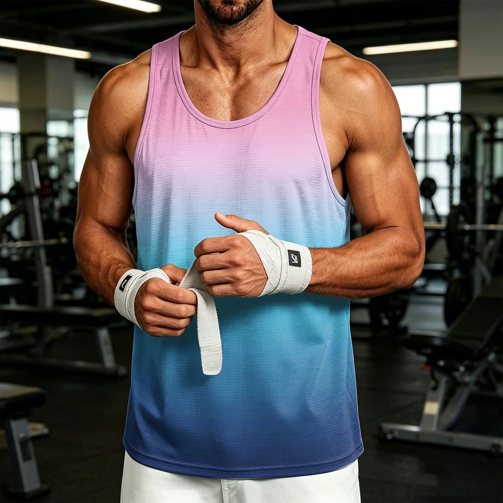 Herren Casual Farbverlauf Print Outdoor Sport Rundhals Tanktop Ärmellos Leicht Atmungsaktiv Athletisches Weste