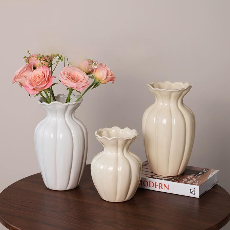 Creative Stripe Vases Decor, Ceramic, Home Bedroom Living Room Study, Flower Arrangement Table Decorations Cream Style Vase, 1Pc