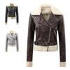 Womens Fitted PU Leather Jacket With Faux Fur Collar Stand-Up Motorcycle Style Outerwear Winter