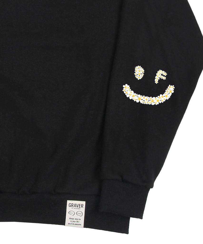 GRAVER [Unisex] Elbow Multiflower Drawing Smile Sweatshirt_Black